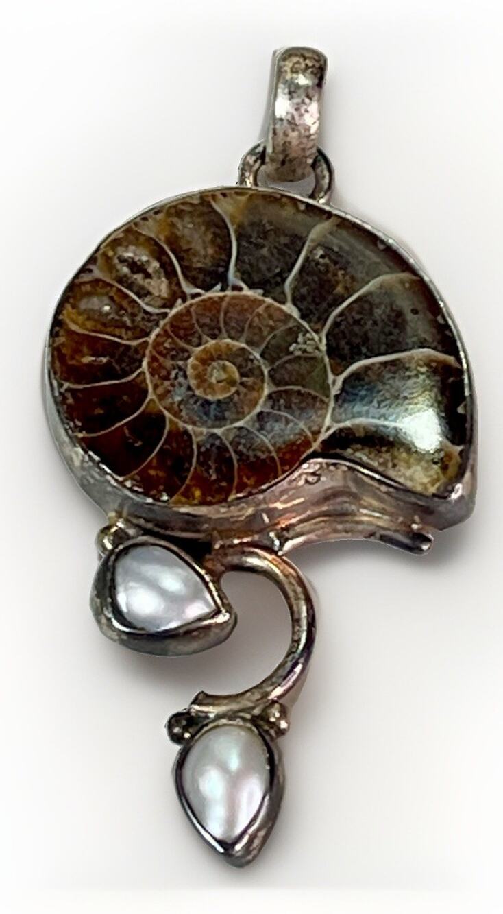 Vintage Sterling Silver 925 Ammonite Pearl Drop Statement Pendant 2”